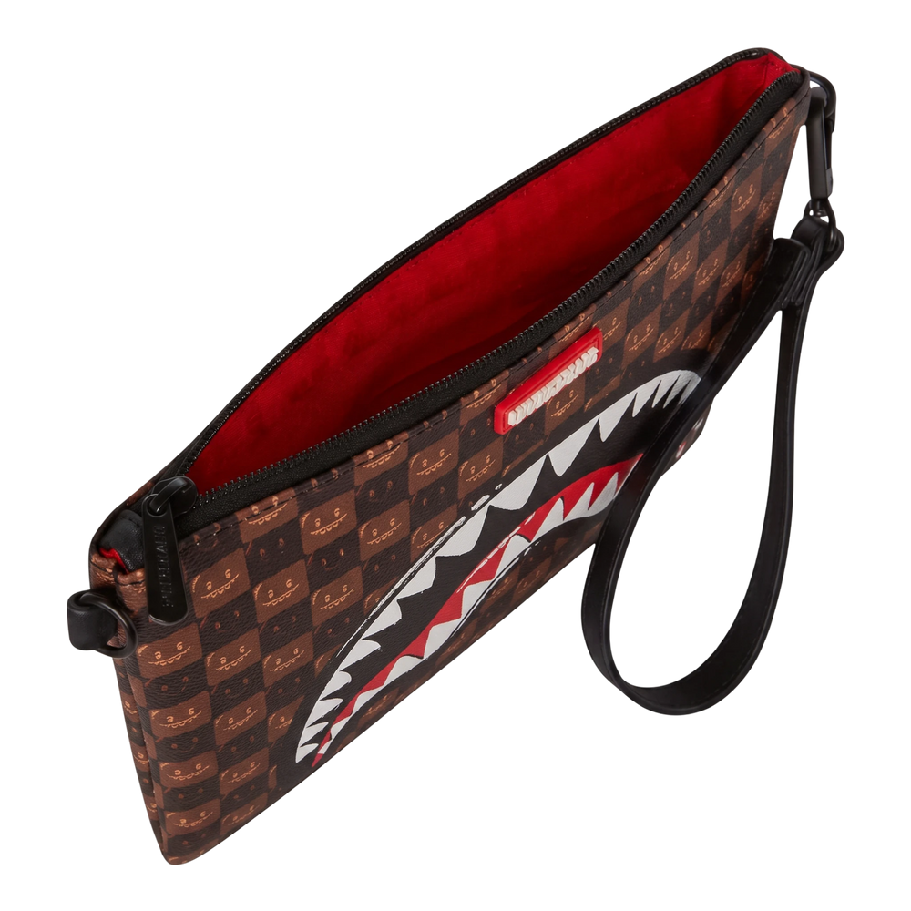 HypeSelection Sprayground brown check crossover clutch with signature shark mouth graphic and red interior lining
