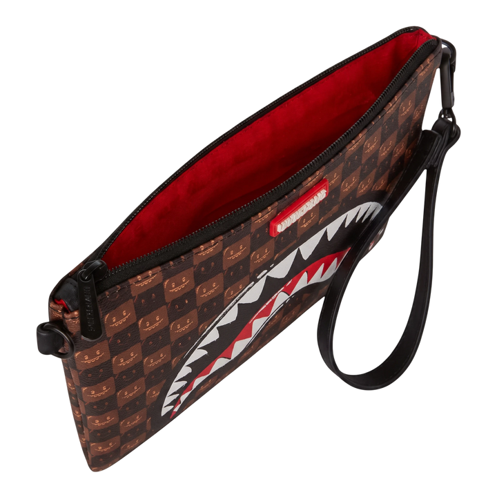 HypeSelection Sprayground brown check crossover clutch with signature shark mouth graphic and red interior lining
