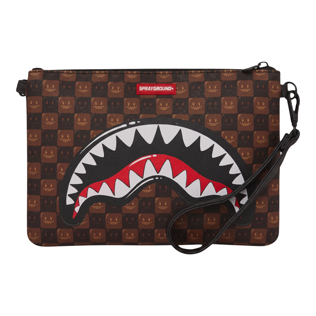 HypeSelection Sprayground brown check crossover clutch with signature shark mouth graphic and wrist strap