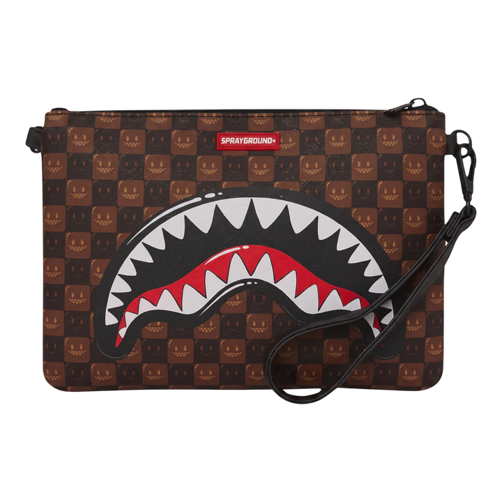 HypeSelection Sprayground brown check crossover clutch with signature shark mouth graphic and wrist strap