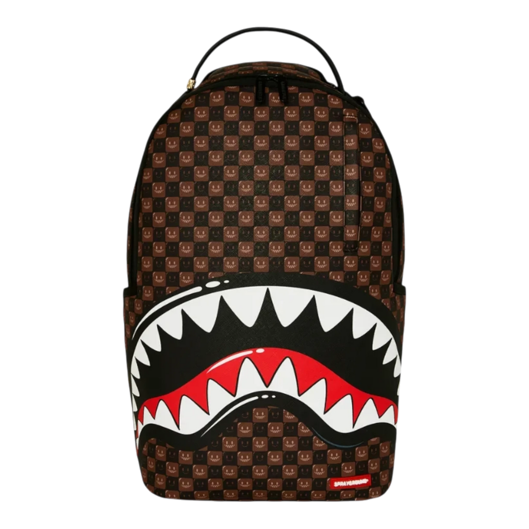 HypeSelection Sprayground Sharks In Paris brown check backpack with iconic graphic shark mouth design