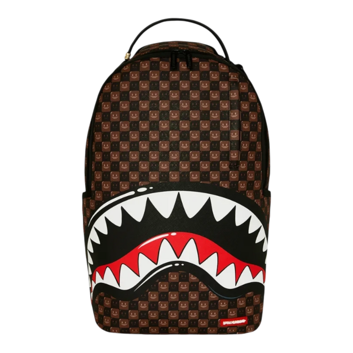 HypeSelection Sprayground Sharks In Paris brown check backpack with iconic graphic shark mouth design