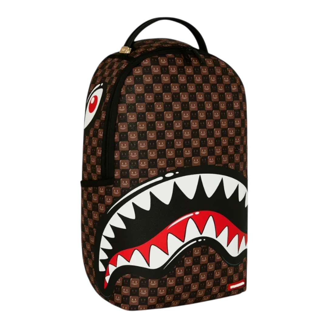 HypeSelection Sprayground Sharks In Paris brown check backpack with signature shark mouth graphic and bubble pattern