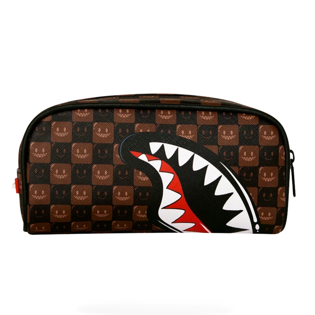 HypeSelection Sprayground brown checkered pouchette with signature shark mouth graphic and smiley face pattern