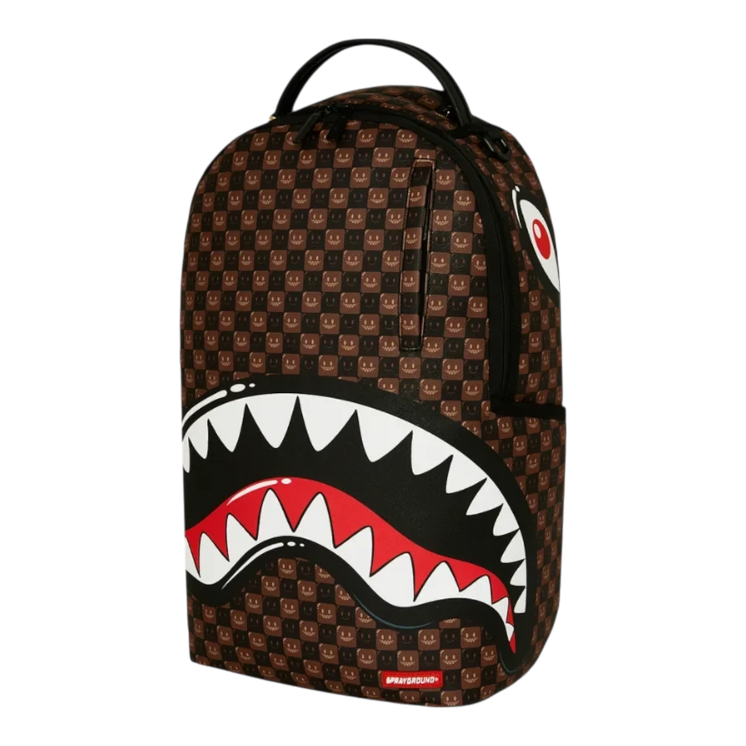 HypeSelection Sprayground Sharks In Paris brown checkerboard backpack with iconic shark mouth graphic