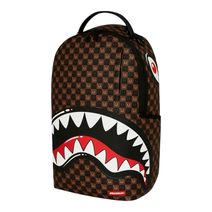 HypeSelection Sprayground Sharks In Paris brown checkerboard backpack with iconic shark mouth graphic