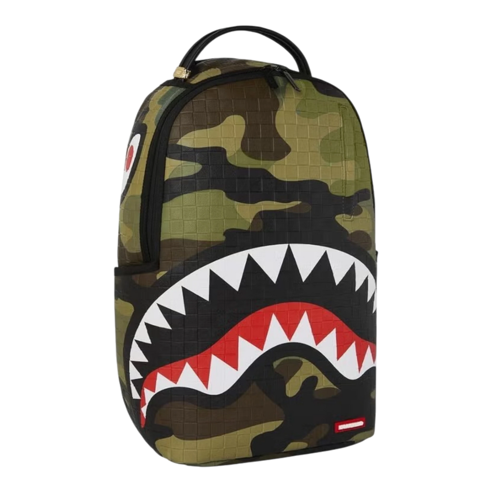 HypeSelection Sprayground Woodland Camo Check backpack featuring a signature shark mouth graphic and textured finish.