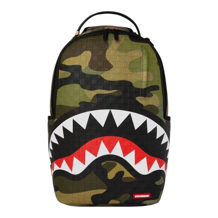 HypeSelection Sprayground Woodland Camo Check backpack with iconic shark mouth graphic and textured grid pattern.