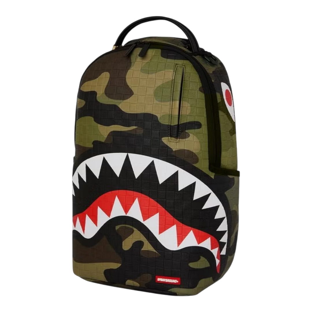 HypeSelection Sprayground Woodland Camo Check backpack with iconic shark mouth graphic and textured green pattern