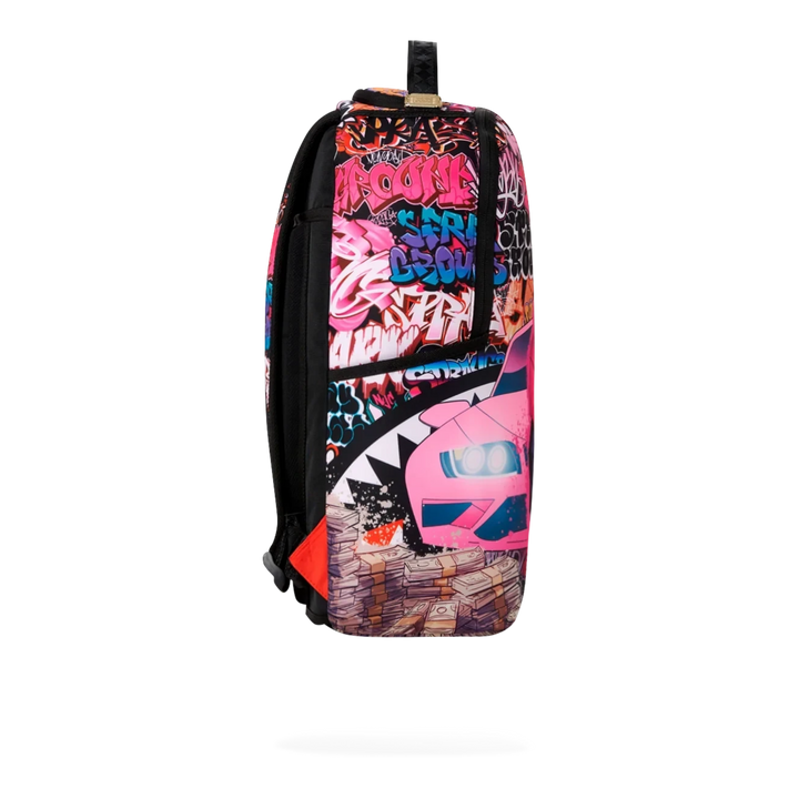 HypeSelection Sprayground Cash Stacks Kitty DLXSR backpack featuring vibrant graffiti art and pink car graphic