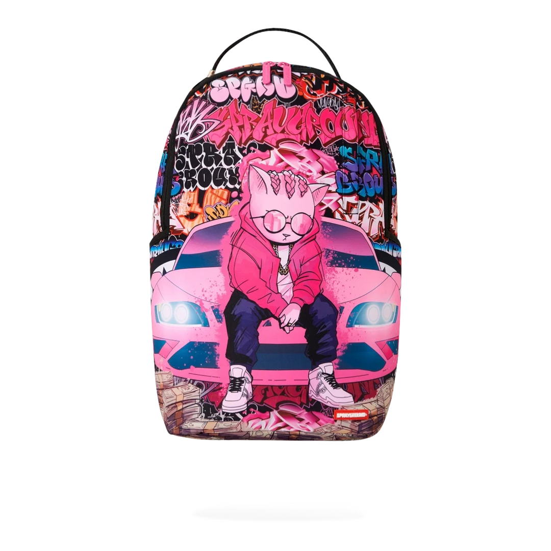 HypeSelection Sprayground Cash Stacks Kitty DLXSR polyester backpack with pink car and graffiti graphic print