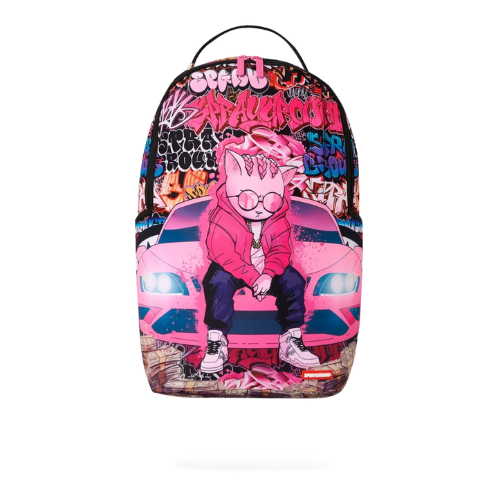 HypeSelection Sprayground Cash Stacks Kitty DLXSR polyester backpack with pink car and graffiti graphic print