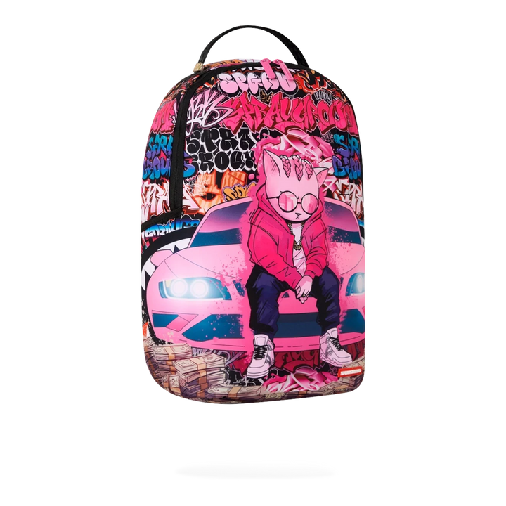 HypeSelection Sprayground Cash Stacks Kitty DLXSR backpack featuring pink graffiti print and cat character design