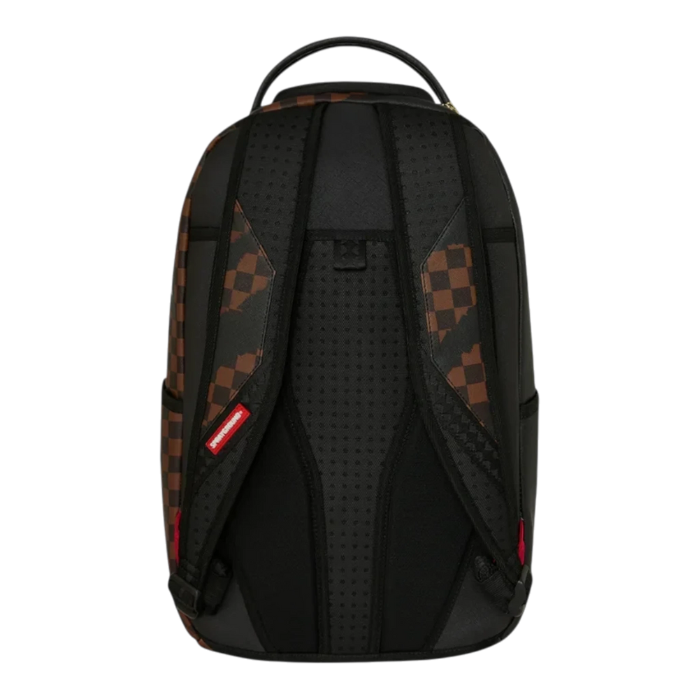 HypeSelection Sprayground Claw Tear Check backpack featuring a brown and black checkered pattern and padded straps.