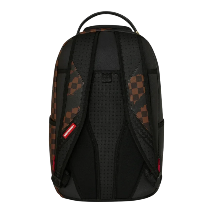 HypeSelection Sprayground Claw Tear Check backpack featuring a brown and black checkered pattern and padded straps.
