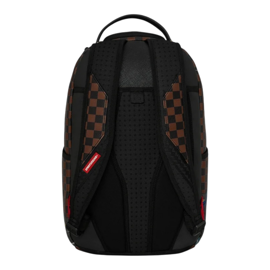 HypeSelection Sprayground 305 Check Motorcycles DLXSR backpack showing the black and brown checkered back panel