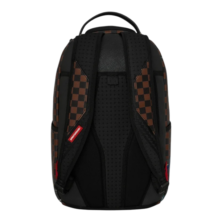 HypeSelection Sprayground 305 Check Motorcycles DLXSR backpack showing the black and brown checkered back panel