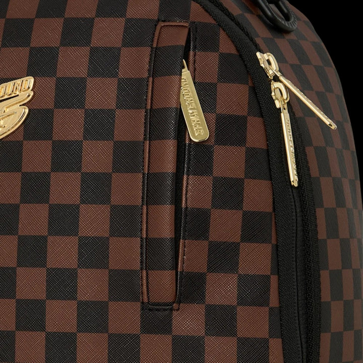 HypeSelection Sprayground 305 Check Motorcycles DLXSR backpack featuring brown and black checkered pattern with gold zips