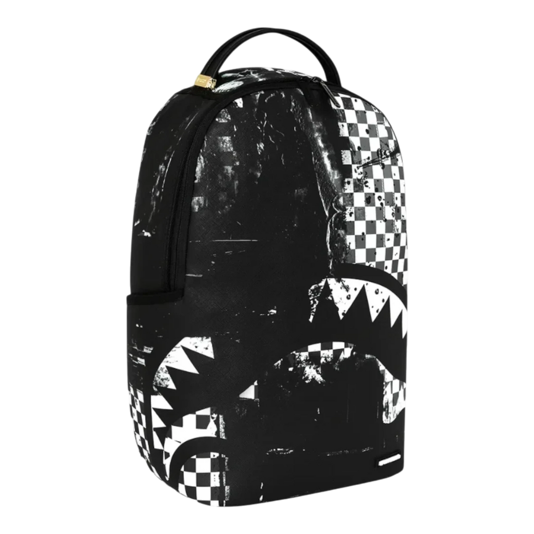 HypeSelection Sprayground Painted Over Check DLXSV backpack in black and white with signature shark mouth graphic