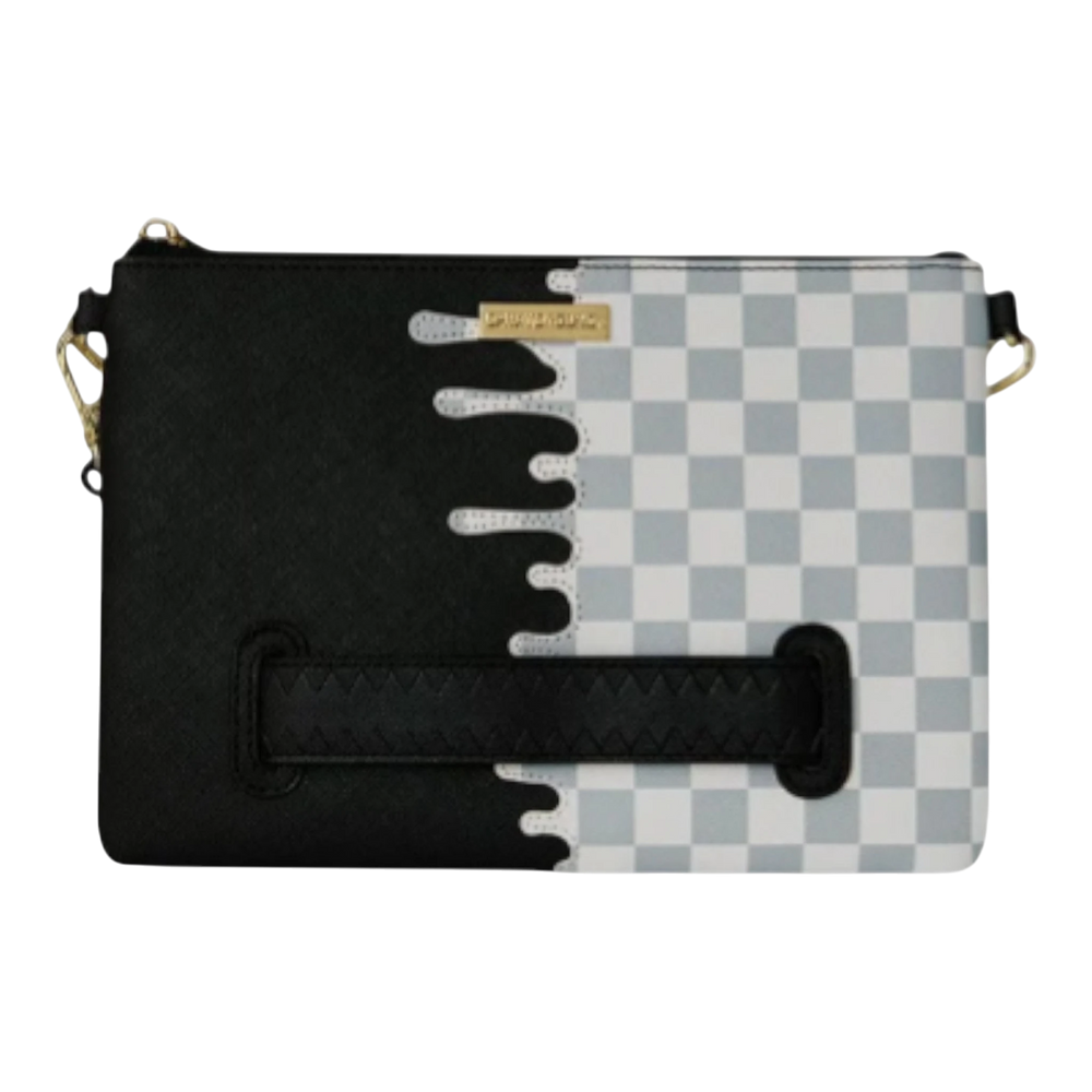 HypeSelection Sprayground black and cream checkered crossover clutch with drip detail and wristlet strap.