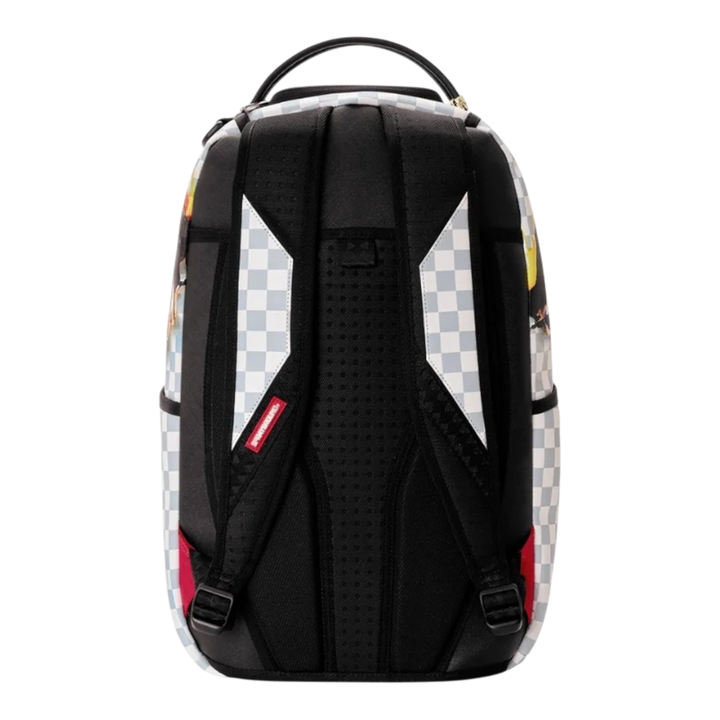 HypeSelection Sprayground Check Melt DLXSV backpack showing the black padded back panel and adjustable shoulder straps
