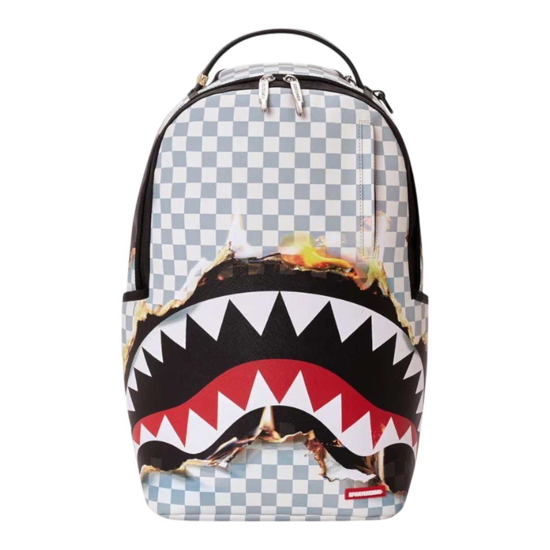 HypeSelection Sprayground Check Melt DLXSV backpack with grey checkerboard pattern and iconic shark mouth graphic