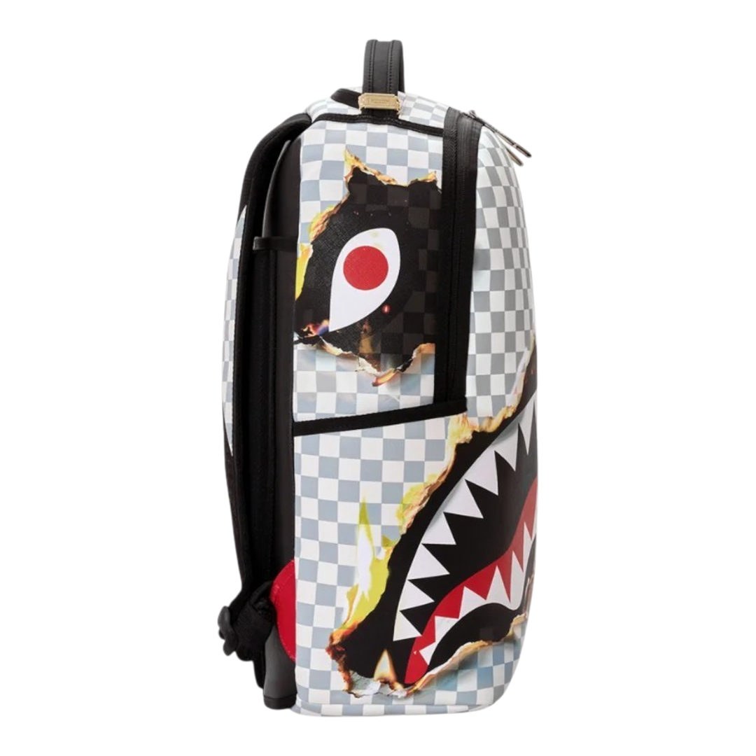 HypeSelection Sprayground Check Melt DLXSV backpack in grey checkerboard PVC with graphic shark mouth and fire design