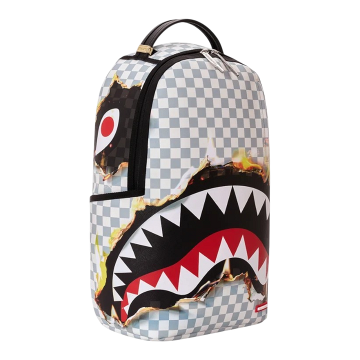 HypeSelection Sprayground Check Melt DLXSV backpack in grey checkerboard PVC with iconic shark mouth graphic design.