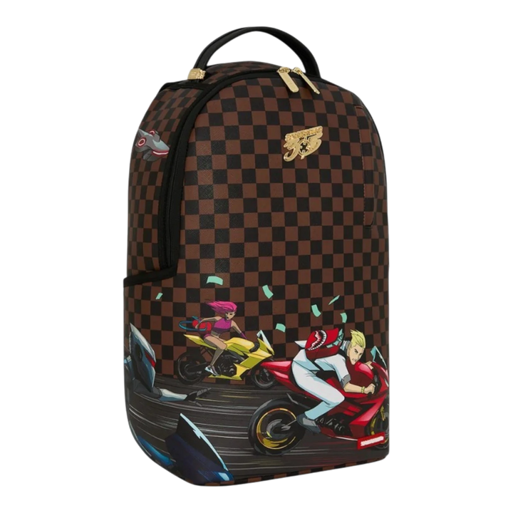 HypeSelection Sprayground 305 Check Motorcycles DLXSR backpack with brown checkerboard pattern and graphic print.