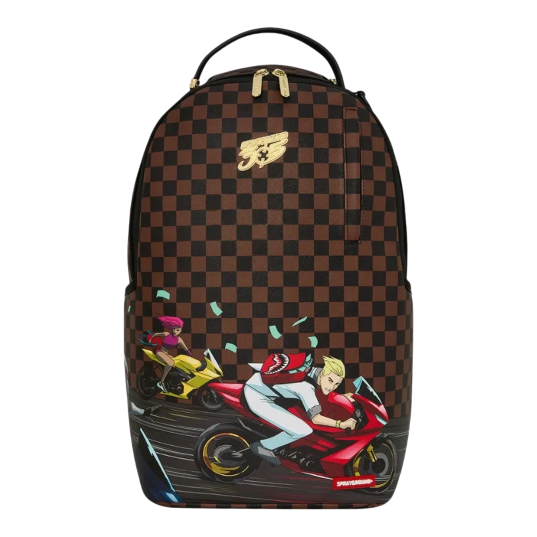 HypeSelection Sprayground 305 Check Motorcycles DLXSR backpack with brown checkerboard pattern and anime graphic.