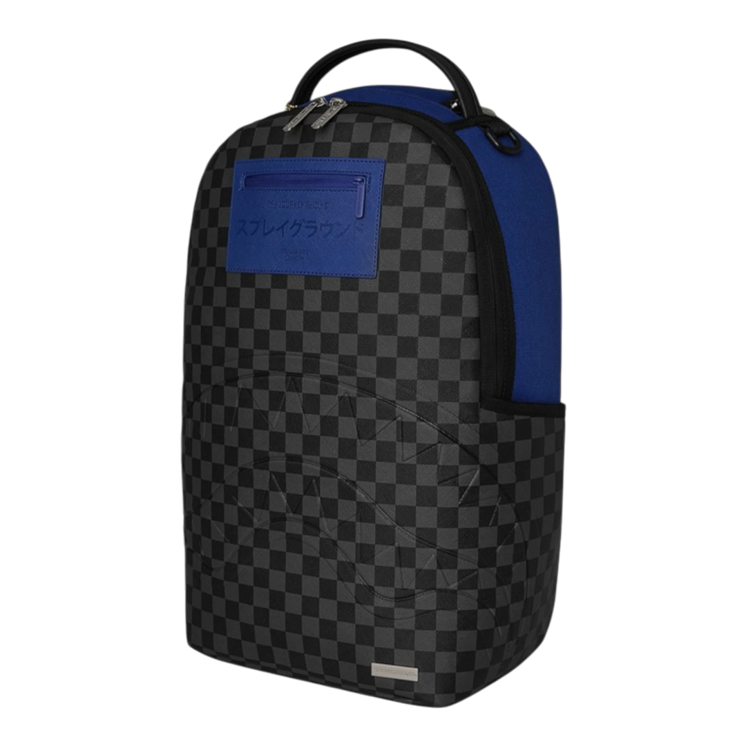 HypeSelection Sprayground BENCH CLEARING backpack with black and grey checkerboard pattern and blue accents.