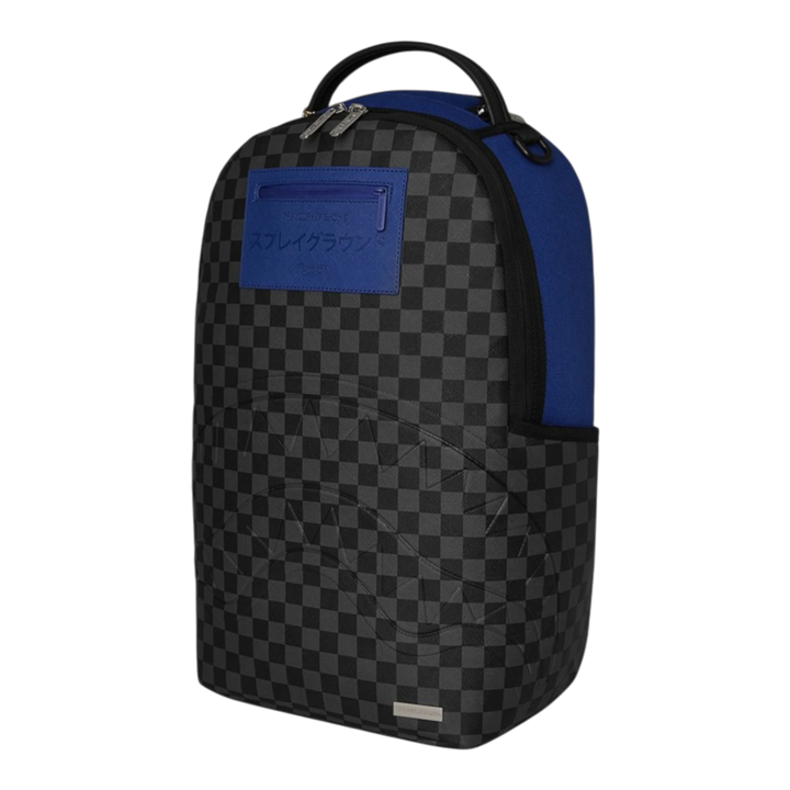 HypeSelection Sprayground BENCH CLEARING backpack with black and grey checkerboard pattern and blue accents.