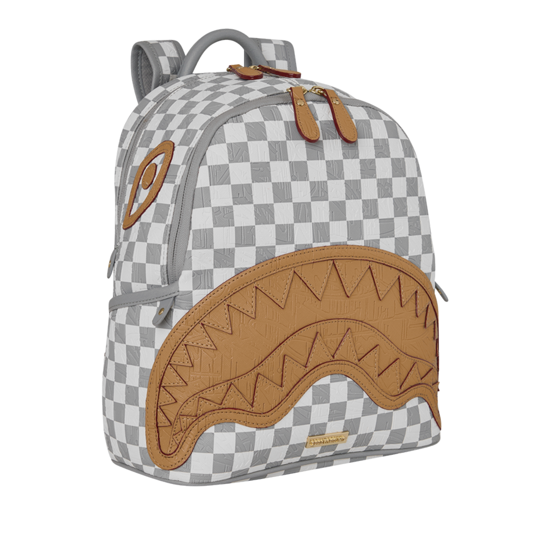 HypeSelection Sprayground Ritz Riviera Savage backpack featuring a grey and white checkerboard pattern with tan shark mouth