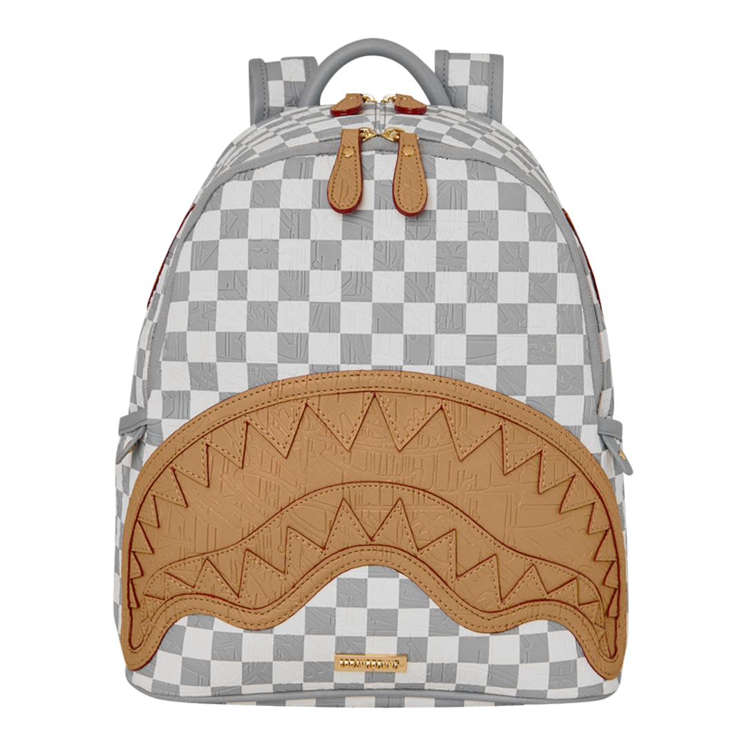 HypeSelection Sprayground Ritz Riviera Savage backpack with grey and white checkerboard pattern and tan shark mouth