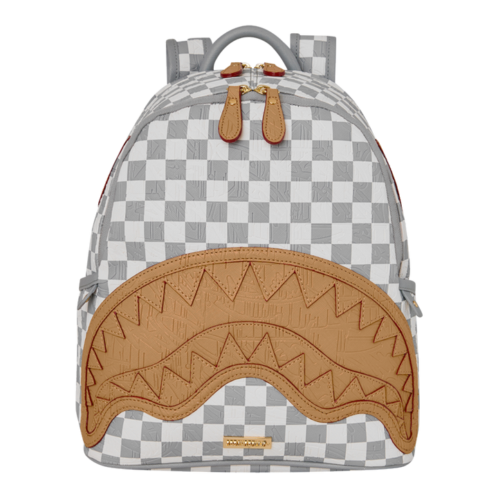HypeSelection Sprayground Ritz Riviera Savage backpack with grey and white checkerboard pattern and tan shark mouth