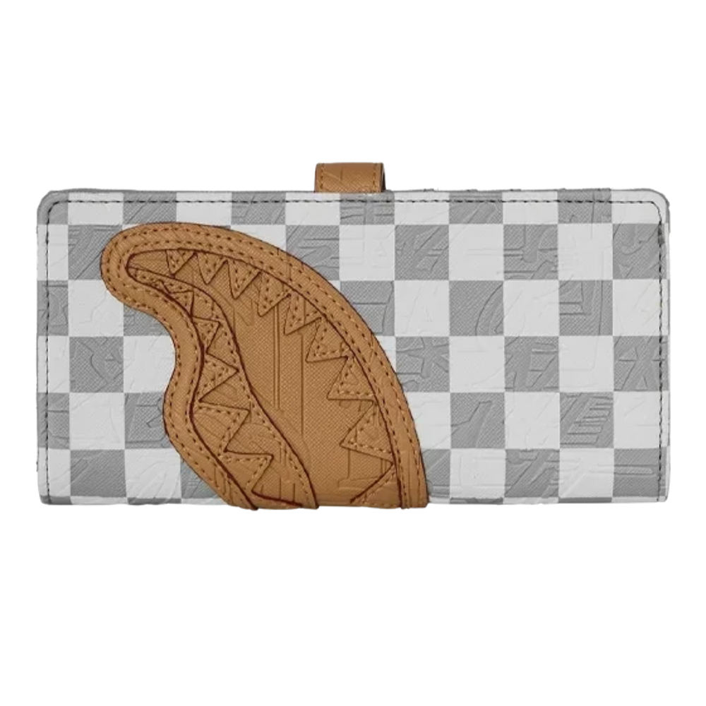HypeSelection Sprayground Ritz Riviera single fold wallet featuring a grey and white checkerboard print with shark mouth