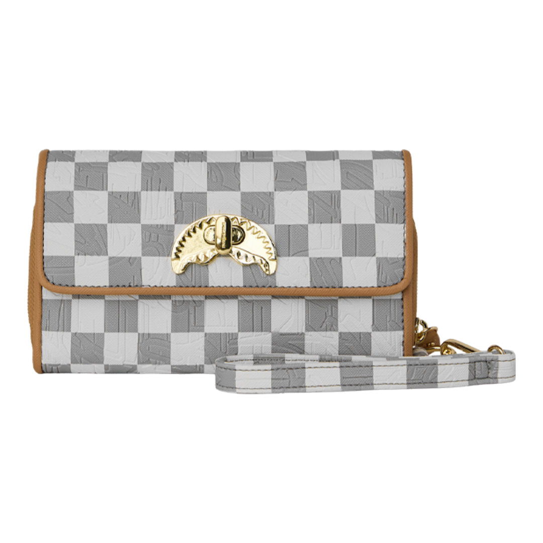 HypeSelection Sprayground Ritz Riviera wallet in grey and white checkerboard PVC with a gold turn lock and wrist strap