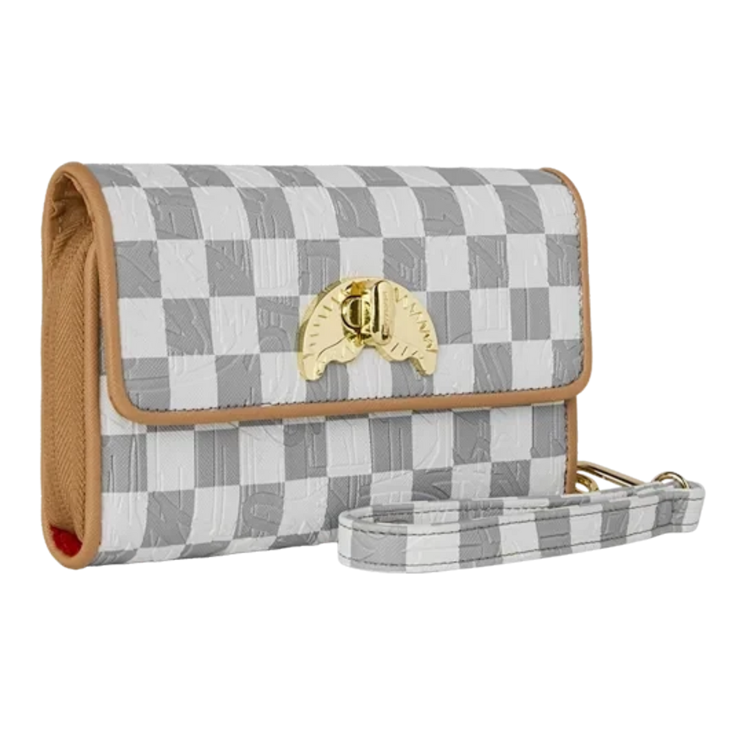 HypeSelection Sprayground Ritz Riviera wallet in grey and white checkerboard PVC with a gold turn lock and wrist strap