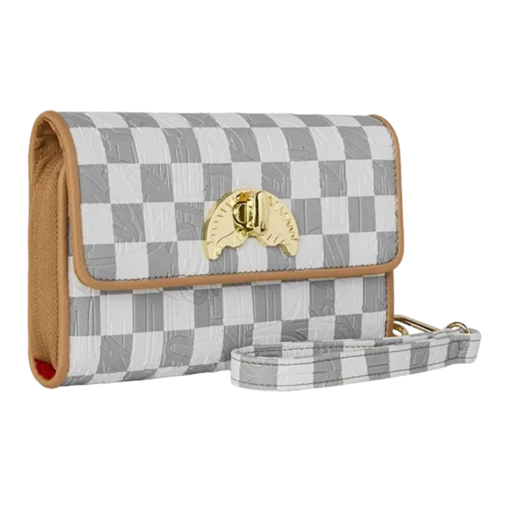 HypeSelection Sprayground Ritz Riviera wallet in grey and white checkerboard PVC with a gold turn lock and wrist strap