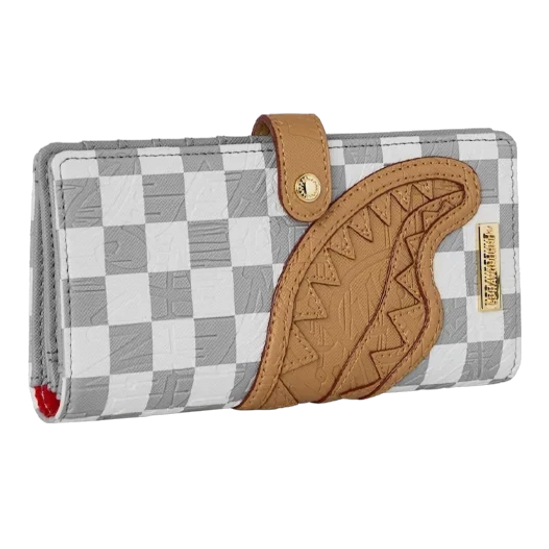 HypeSelection Sprayground Ritz Riviera single fold wallet in grey and white checkerboard with tan shark mouth detail.