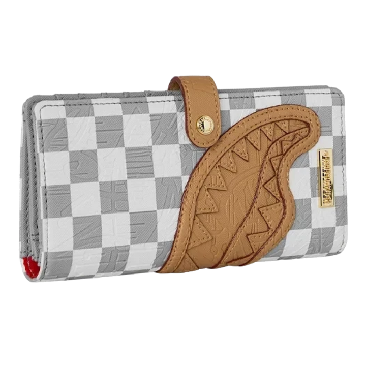 HypeSelection Sprayground Ritz Riviera single fold wallet in grey and white checkerboard with tan shark mouth detail.