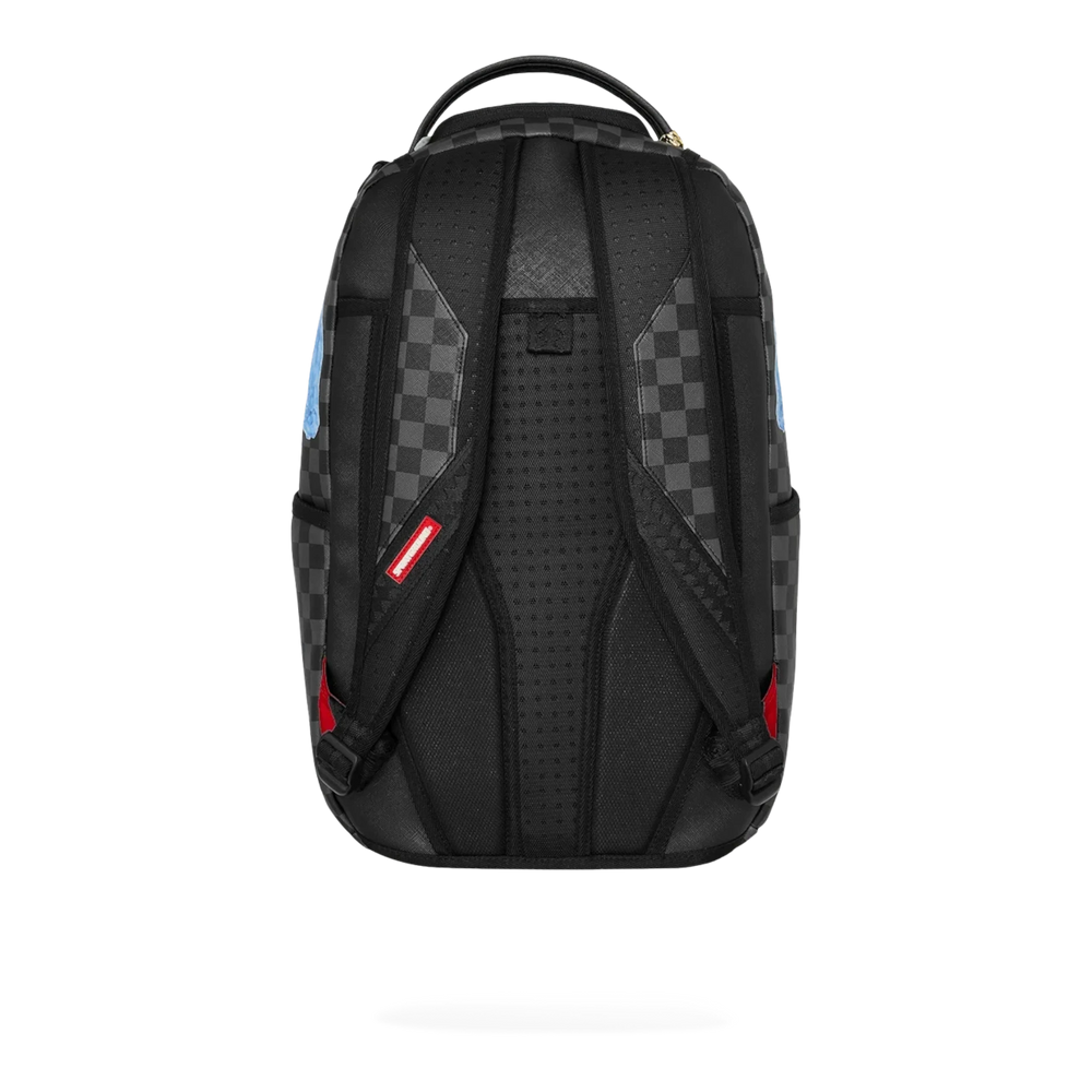 HypeSelection Sprayground Sharks On Iceberg DLXSV backpack featuring a black checkered pattern and padded back straps.