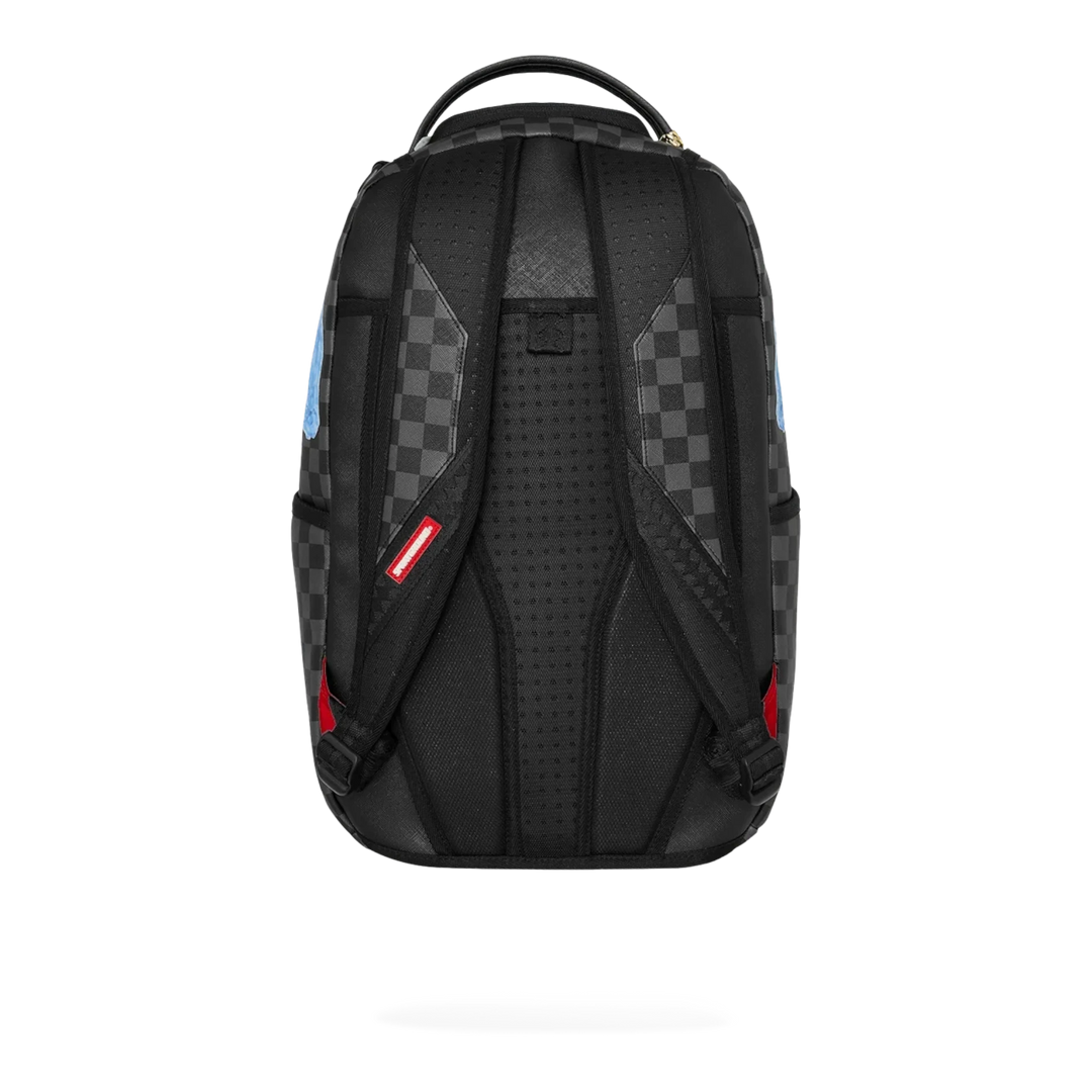 HypeSelection Sprayground Sharks On Iceberg DLXSV backpack featuring a black checkered pattern and padded back straps.