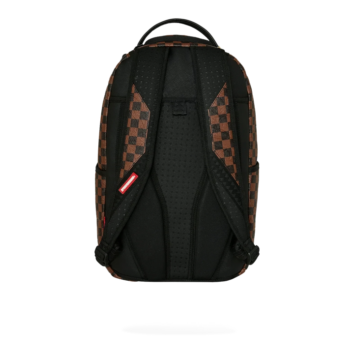 HypeSelection Sprayground Shredded Money DLXSV backpack featuring a brown and black checkered pattern, back view.