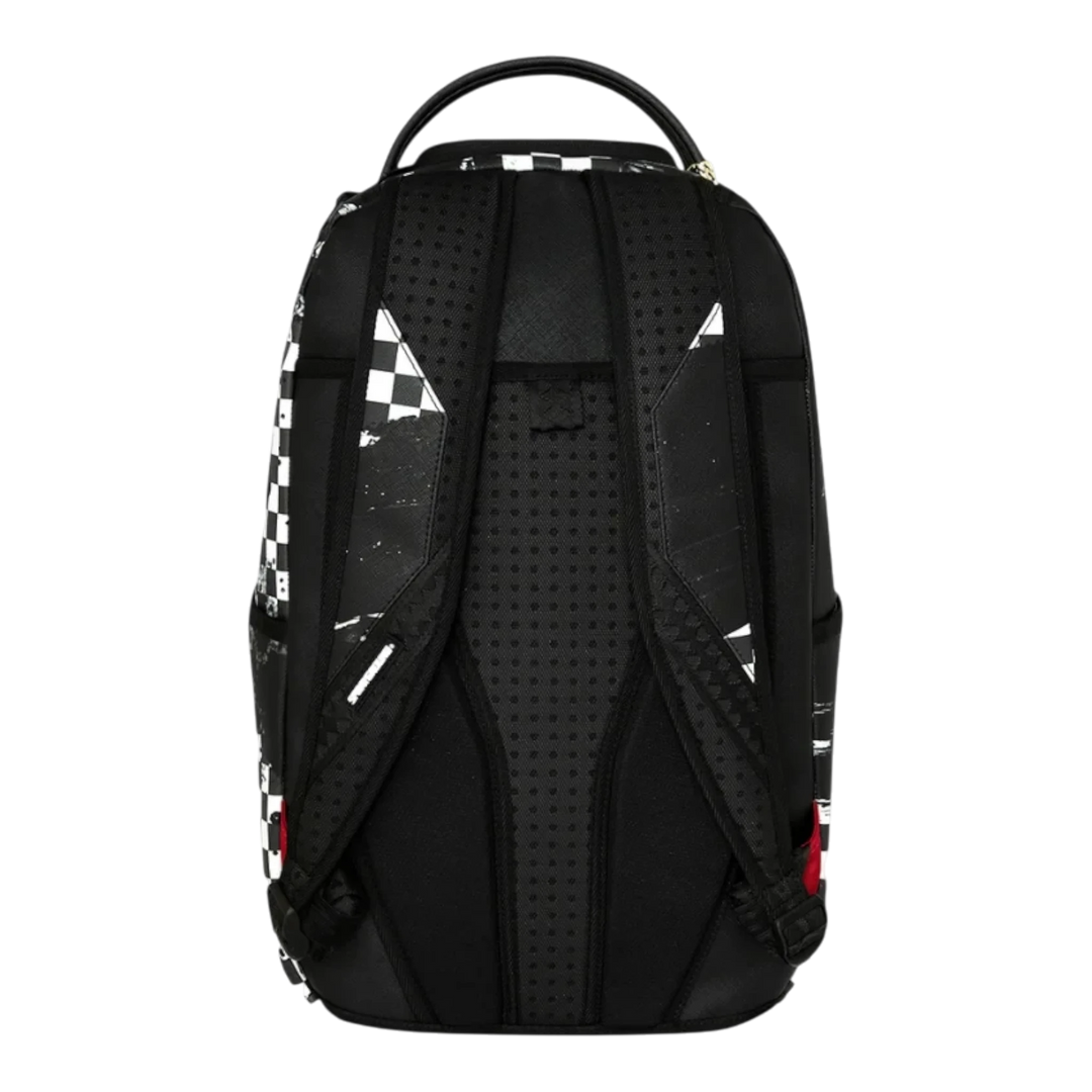 HypeSelection Sprayground Painted Over Check DLXSV backpack featuring black and white checkered graphic back straps