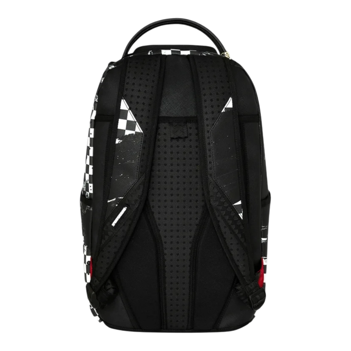 HypeSelection Sprayground Painted Over Check DLXSV backpack featuring black and white checkered graphic back straps