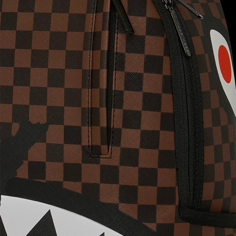 HypeSelection Sprayground Claw Tear Check backpack featuring a brown and black checkered pattern with shark mouth art.