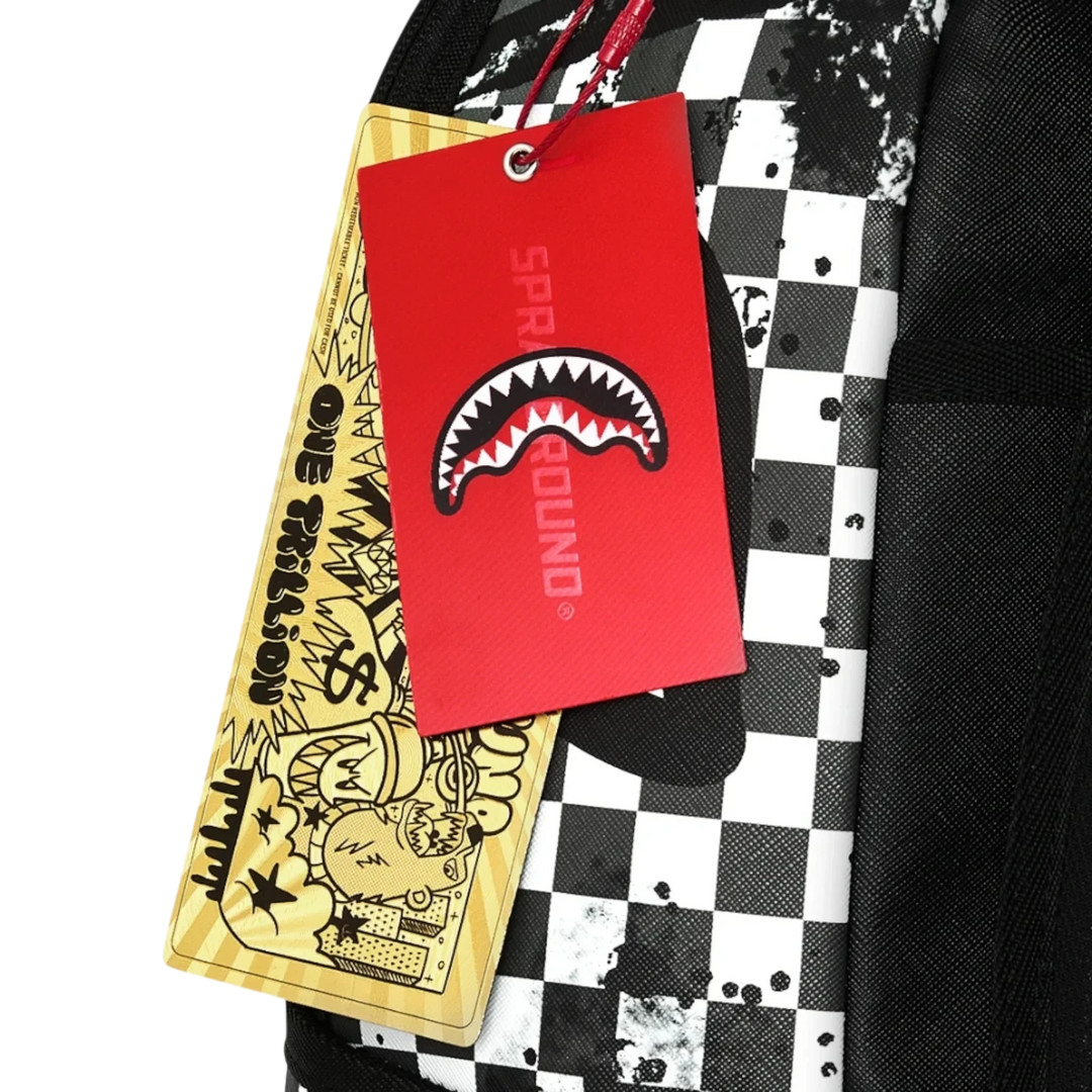 HypeSelection Sprayground Painted Over Check backpack featuring a black and white checkered pattern and branded tags