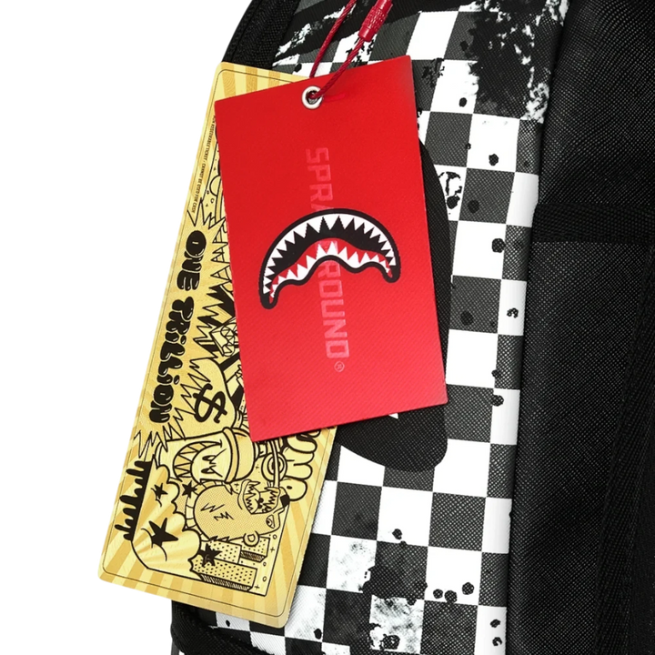 HypeSelection Sprayground Painted Over Check backpack featuring a black and white checkered pattern and branded tags