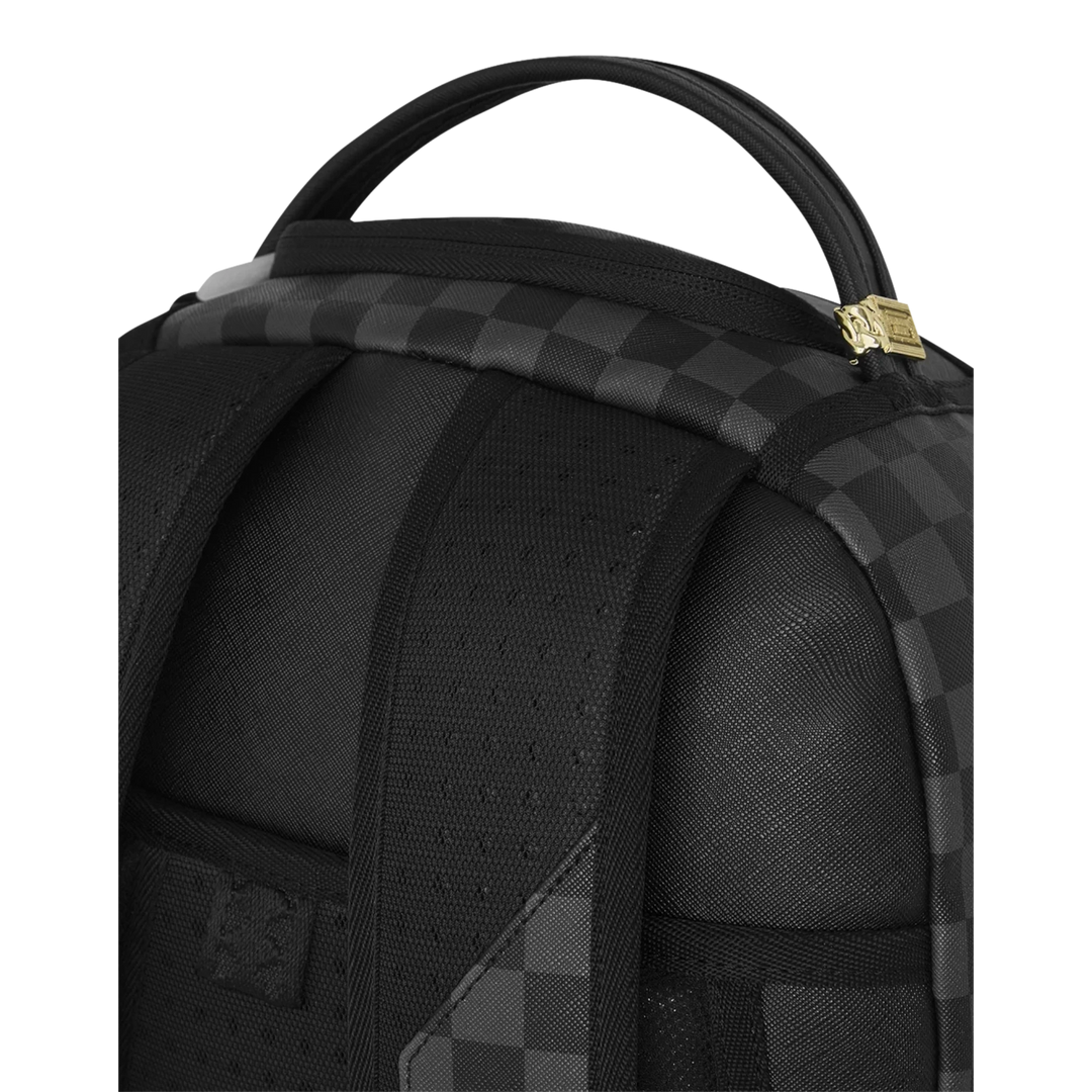 HypeSelection Sprayground Sharks On Iceberg DLXSV backpack featuring a black and grey checkered pattern top handle.